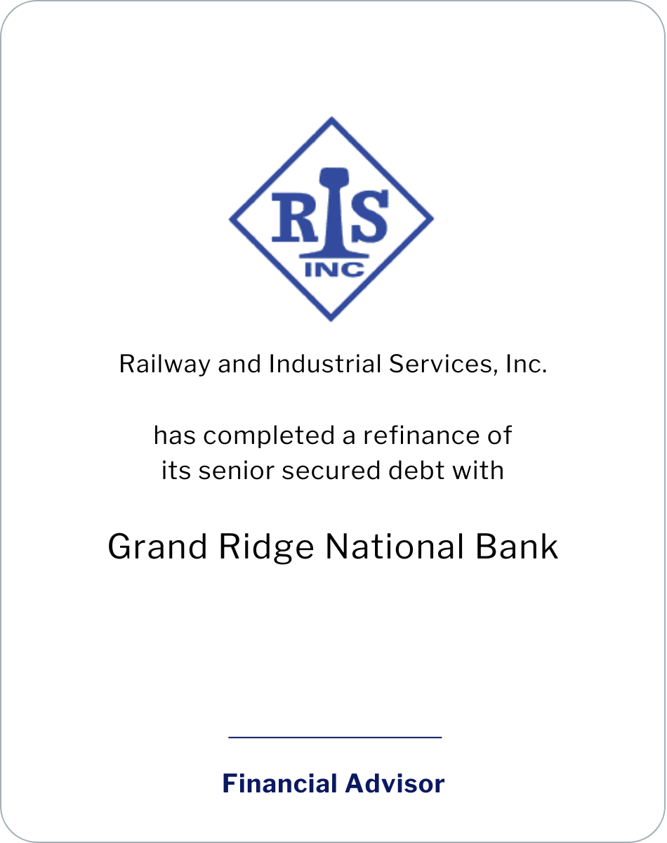 Railway and Industrial Services, Inc. has completed a refinance of its senior secured debt with Grand Ridge National Bank